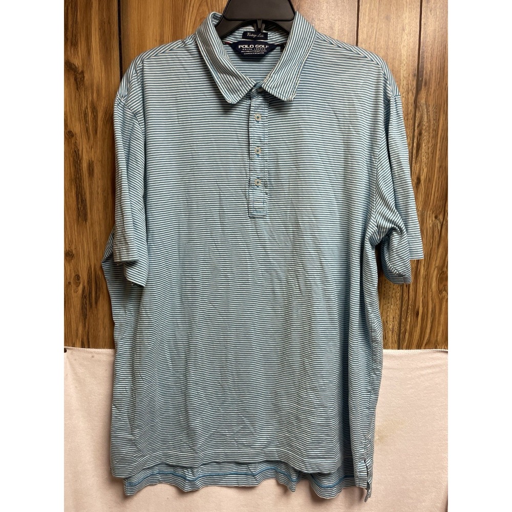 Ralph Lauren Polo Mens Golf Vintage Lisle White‎ Blue Striped Polo Shirt XL